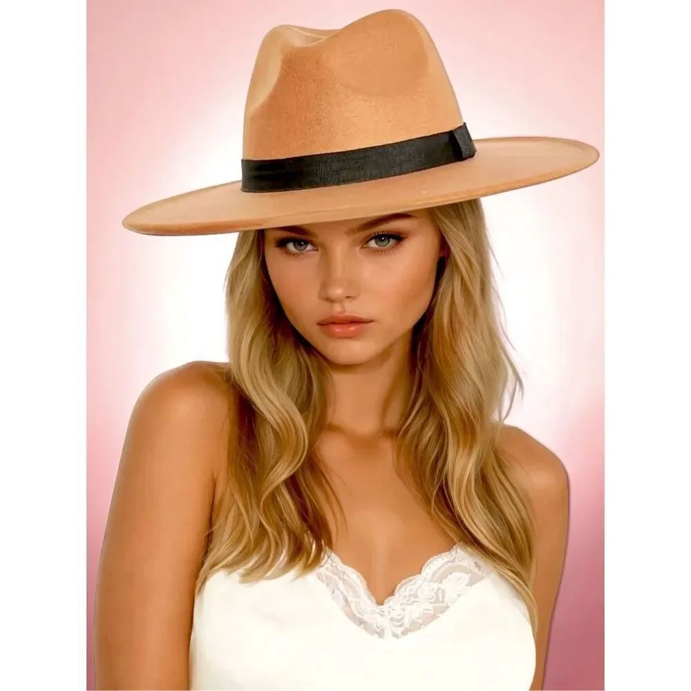 FAME Camel Wide Brim Fedora Hat | Tan Boho Rancher Western Black Ribbon NEW - Picture 2 of 14